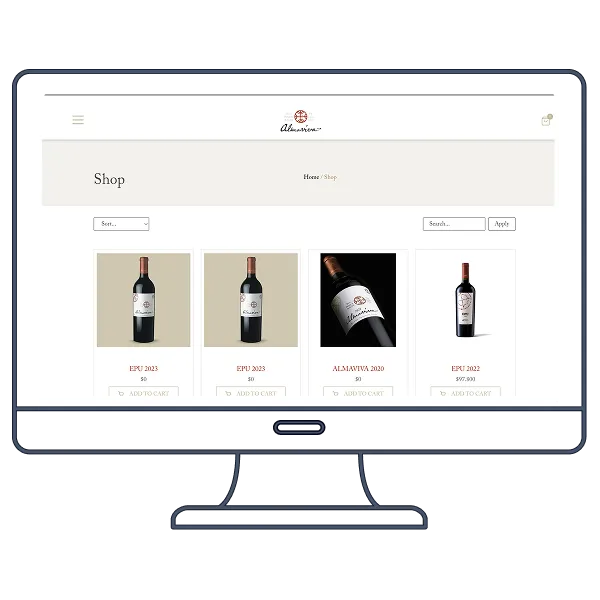 Desktop view of the Almaviva shop with bottle catalog