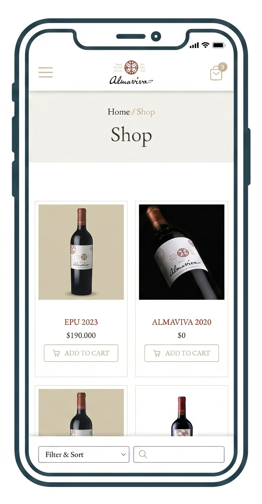 Mobile view of the Almaviva shop on a smartphone