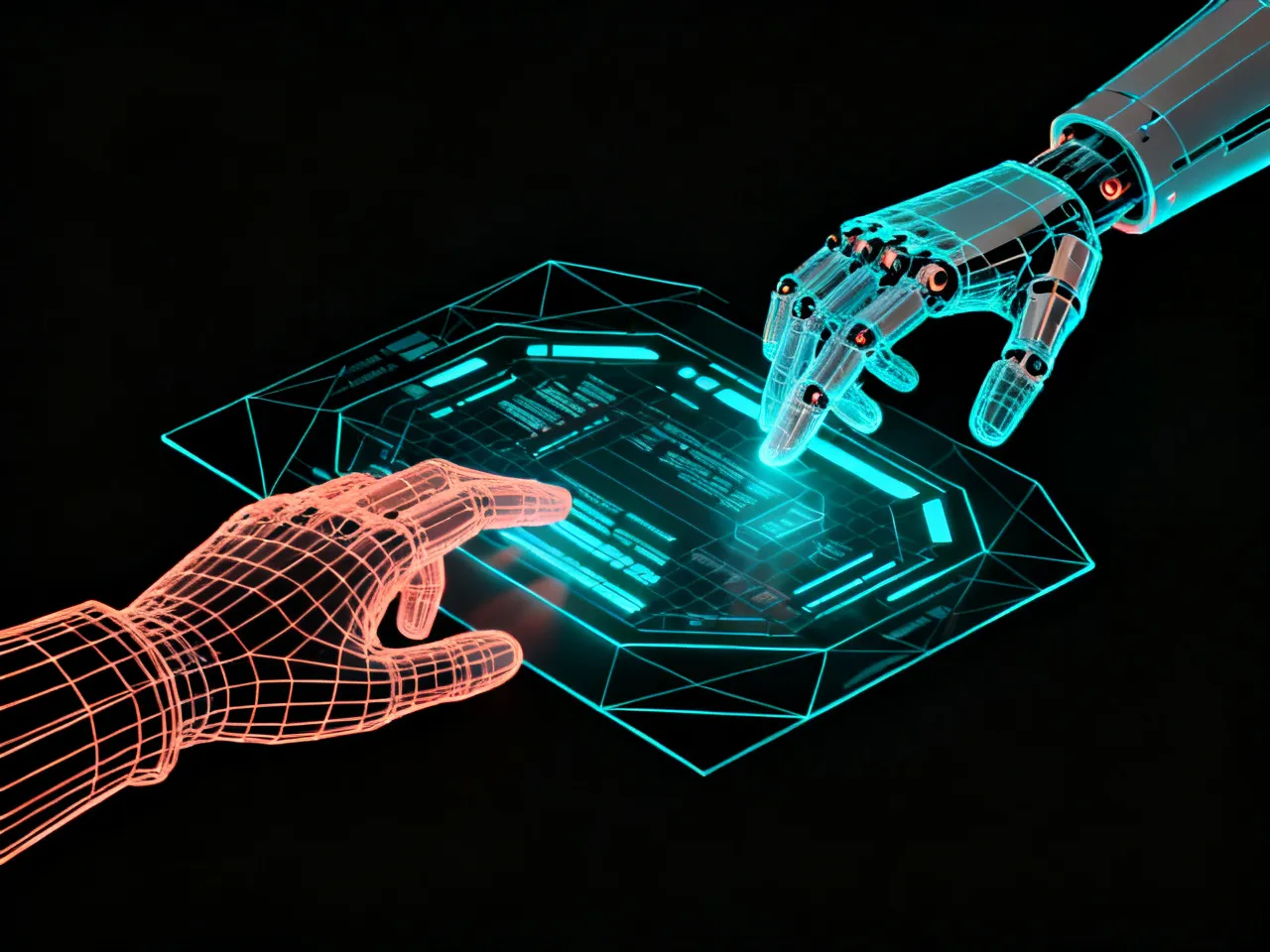 Una mano humana y una mano robótica interactúan sobre una interfaz digital luminosa.
