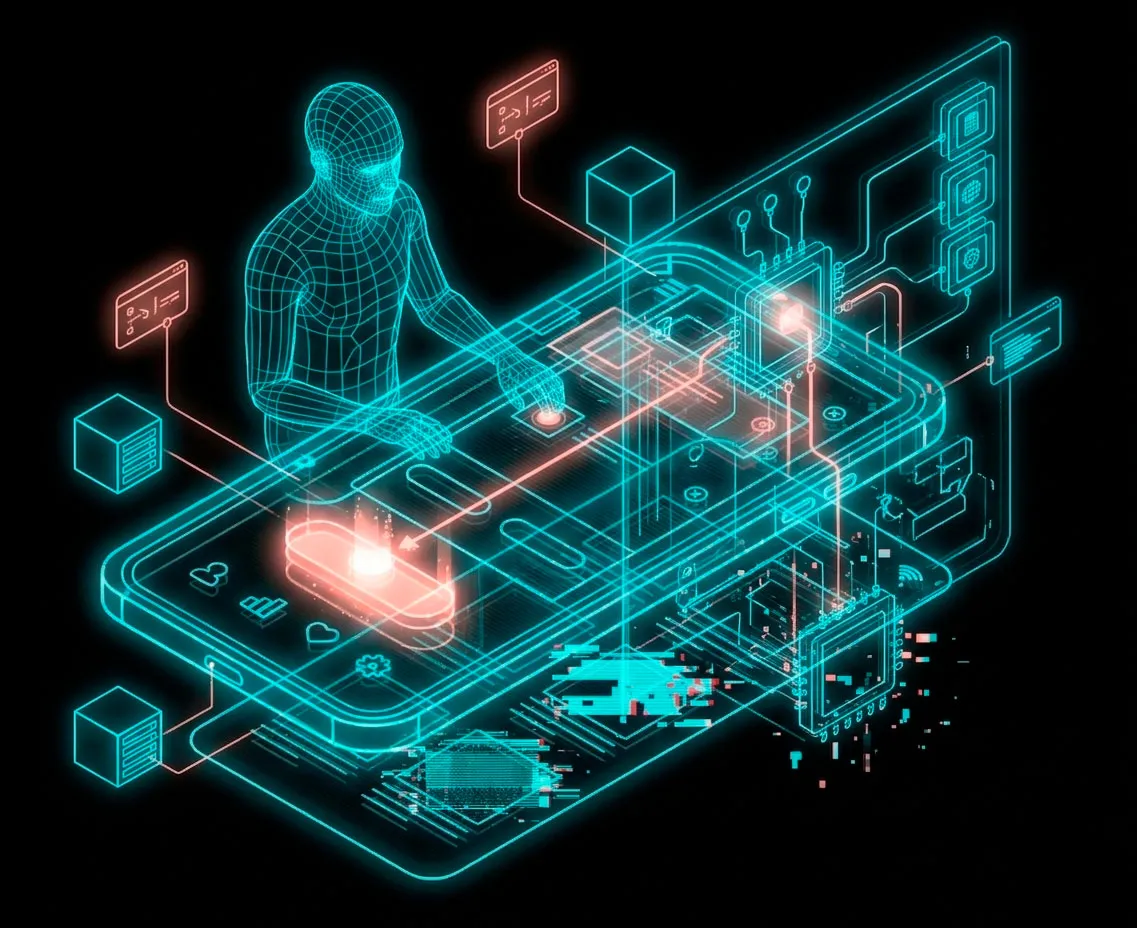 Figura humana en wireframe operando una interfaz holográfica isométrica con diagramas de circuitos.