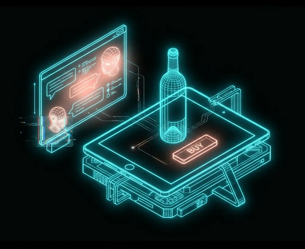 Ilustración isométrica en wireframe: una botella de vino emerge de una tablet junto a un panel de conversación y un botón de compra.